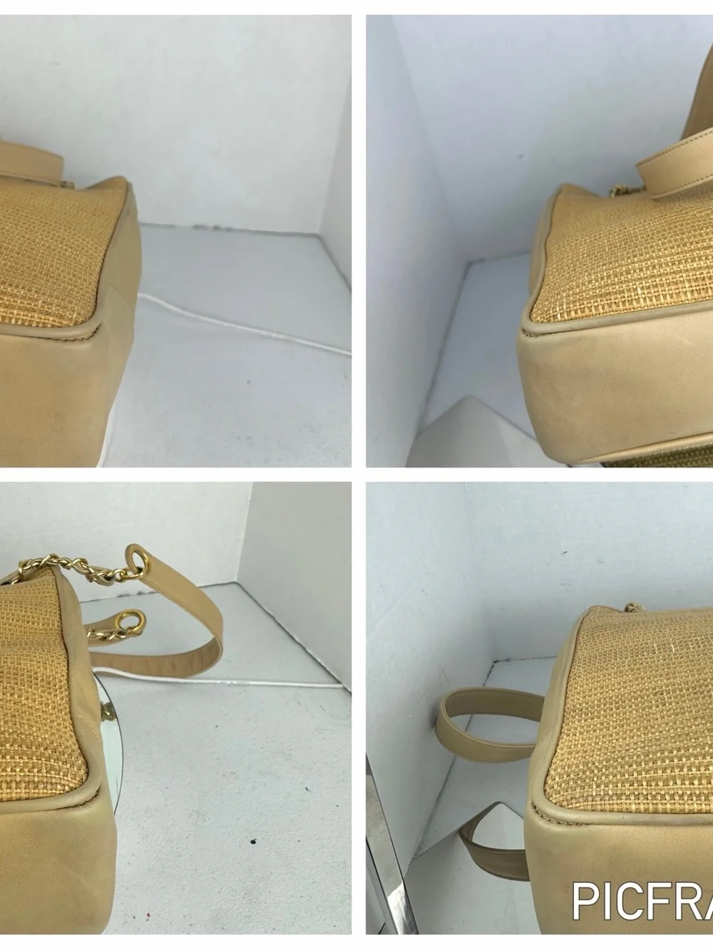 CHANEL Raffia & Leather Chain Tote Bag Beige Gold Shoulder Bag